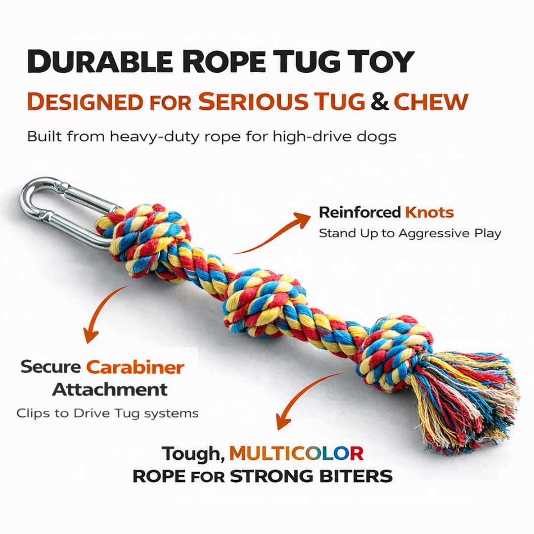Colorful rope tug toy with carabiner attachment on a white background, featuring text about durability and design.