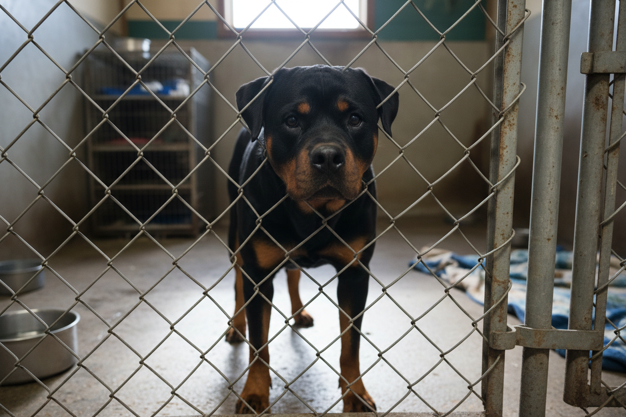 Aggressive Rottweiler in the animal shelter