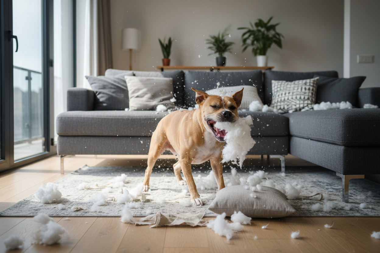 pitbull destorying a couch pillow in the living room of a house