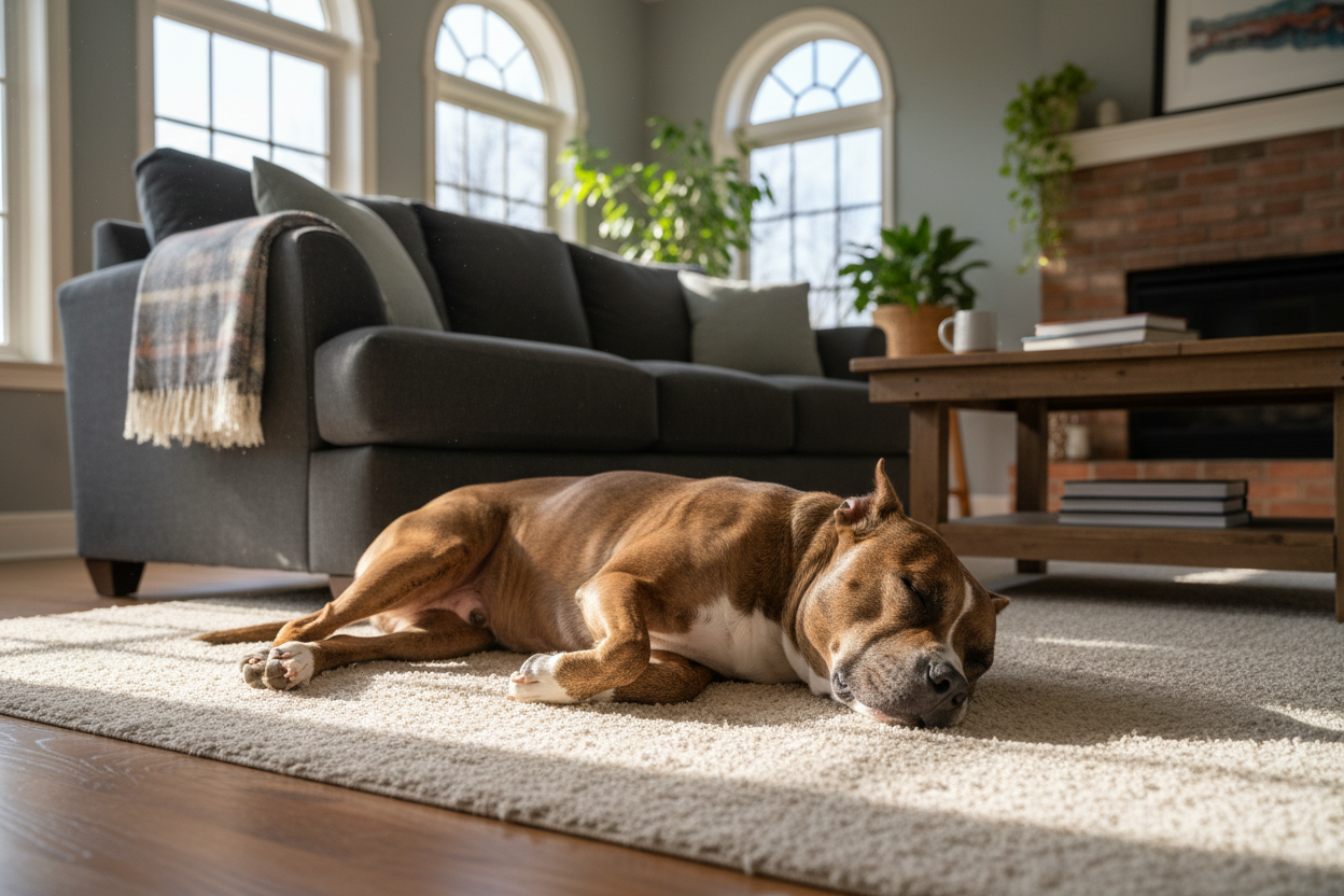 pitbull on the floor of the living room sleep